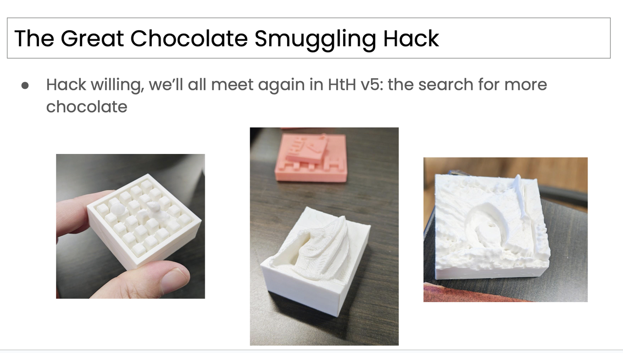 A slide with 3D printed sculptures of the hack the hackathon logo, and the title 'The Great Chocolate Smuggling Hack'